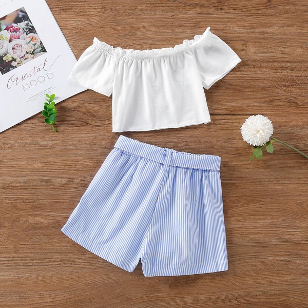 EW foreign trade children's wear 2021 summer new girls' Short Sleeve Top + striped shorts two piece set tz284