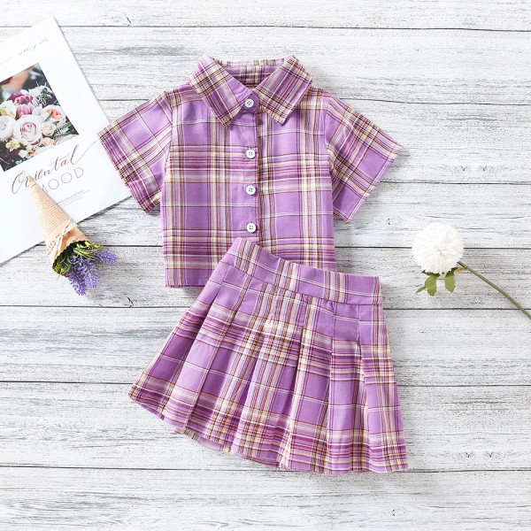 EW foreign trade children's wear girls' 2021 summer wear new college style Lapel Short Sleeve Top + high waist short skirt tz269-1