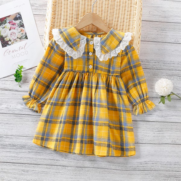 EW foreign trade children's wear 2021 autumn girl's Plaid long sleeve skirt autumn sweet pastoral dress 1991