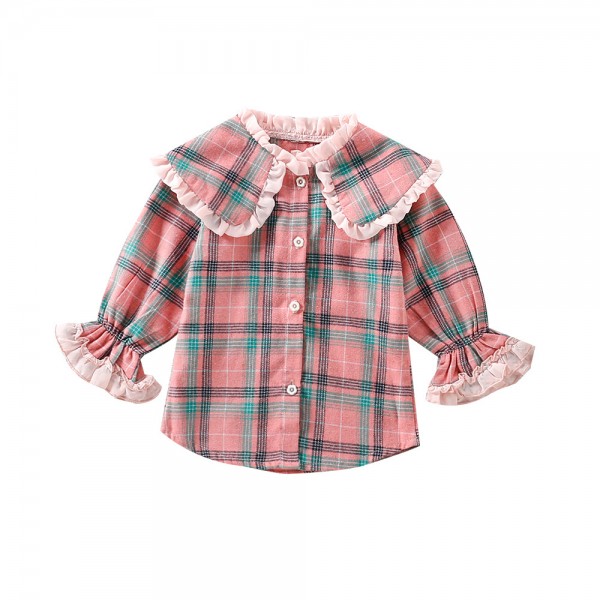 EW foreign trade children's Plaid Shirt 2021 spring and autumn girl's sweet pink baby collar shirt T191