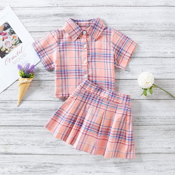 EW foreign trade children's wear girls' 2021 summer wear new college style Lapel Short Sleeve Top + high waist short skirt tz269