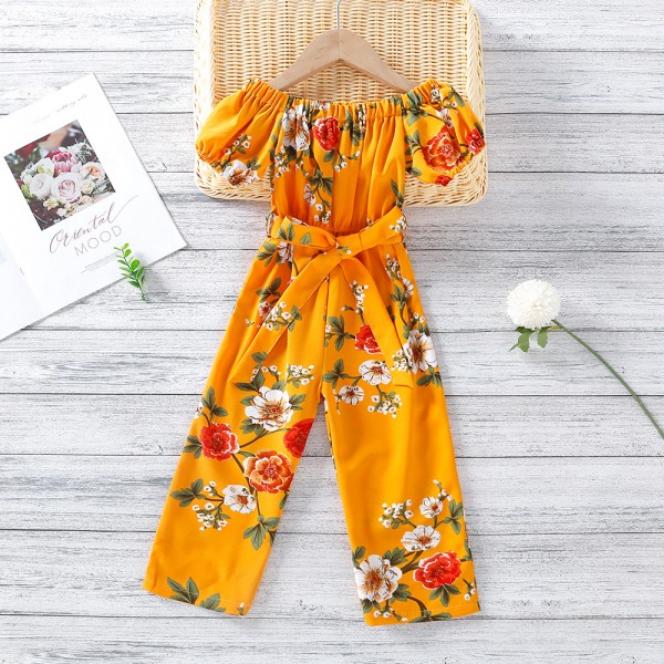EW foreign trade children's wear 2021 summer wear new girl's European and American style printed off shoulder one piece wide leg pants k114