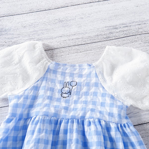 EW foreign trade children's clothing 2021 summer Korean girls' cartoon Plaid splicing short sleeve dress wp86