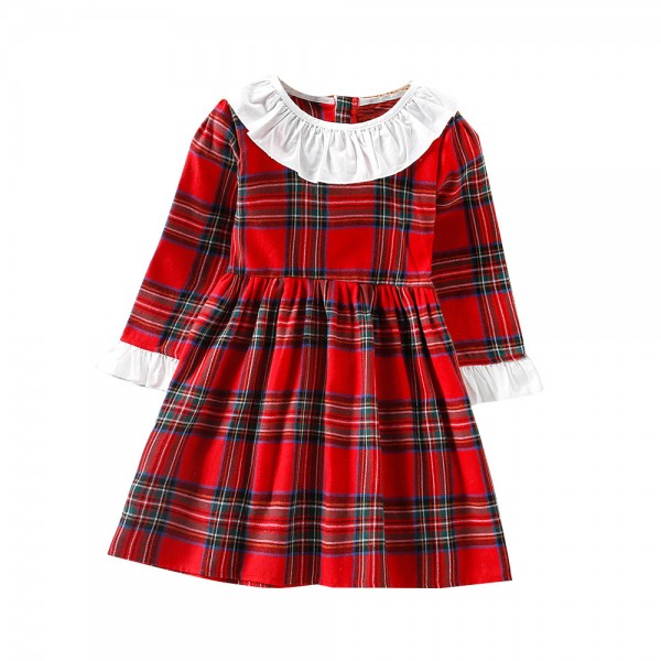 EW foreign trade children's wear 2021 autumn new girl's sweet Christmas doll collar Plaid Dress q534