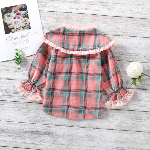 EW foreign trade children's Plaid Shirt 2021 spring and autumn girl's sweet pink baby collar shirt T191