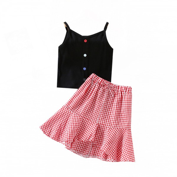 EW foreign trade children's clothing 2021 summer clothing new girl's foreign style lovely suspender Top + Plaid fishtail skirt tz261