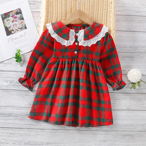 EW foreign trade children's wear 2021 autumn girl's Plaid long sleeve skirt autumn sweet pastoral dress 1991