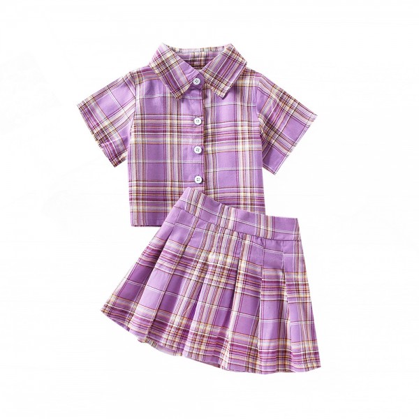 EW foreign trade children's wear girls' 2021 summer wear new college style Lapel Short Sleeve Top + high waist short skirt tz269-1