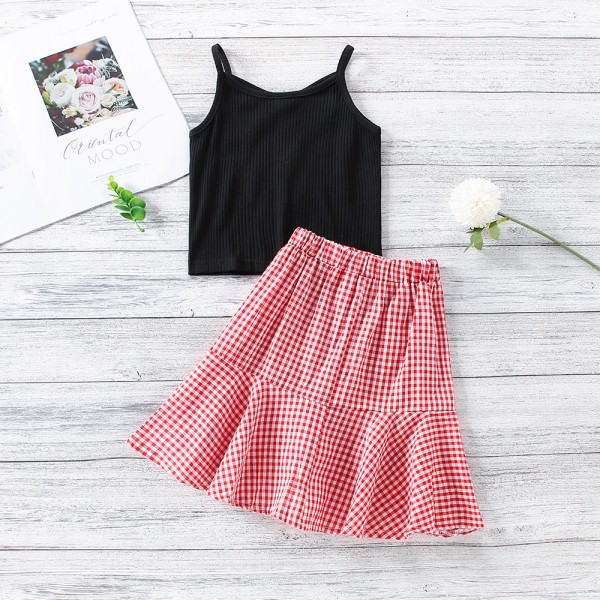 EW foreign trade children's clothing 2021 summer clothing new girl's foreign style lovely suspender Top + Plaid fishtail skirt tz261