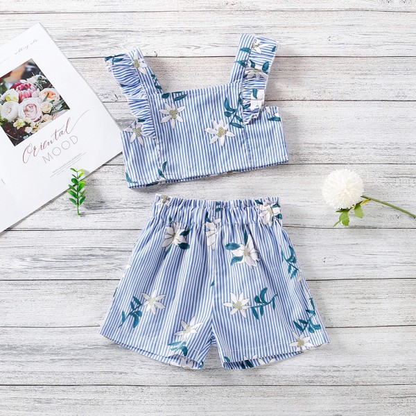 EW foreign trade children's 2021 summer new suspender Flower Top + shorts two piece suit tz274