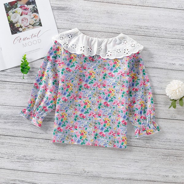EW foreign trade children's wear 2021 spring and summer new Korean small fresh broken flower baby collar embroidery hollow out top sy11