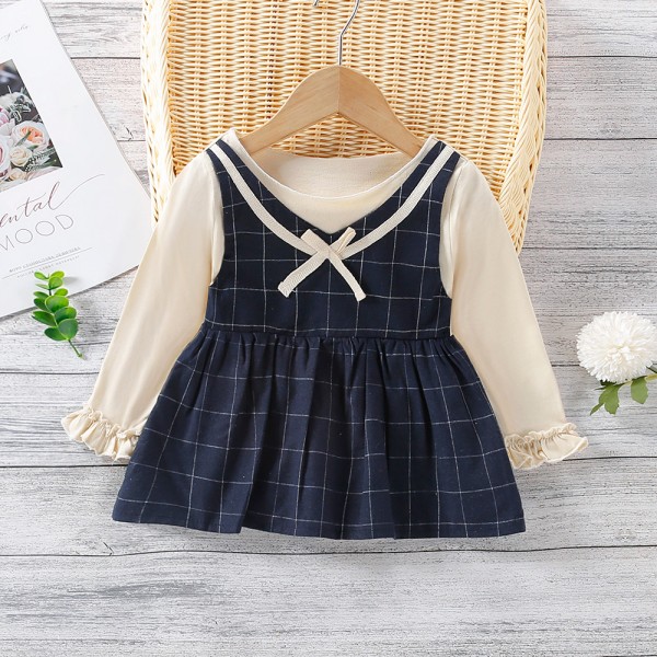 EW foreign trade children's wear girls' spring and autumn two bowknot Plaid long sleeve top q112