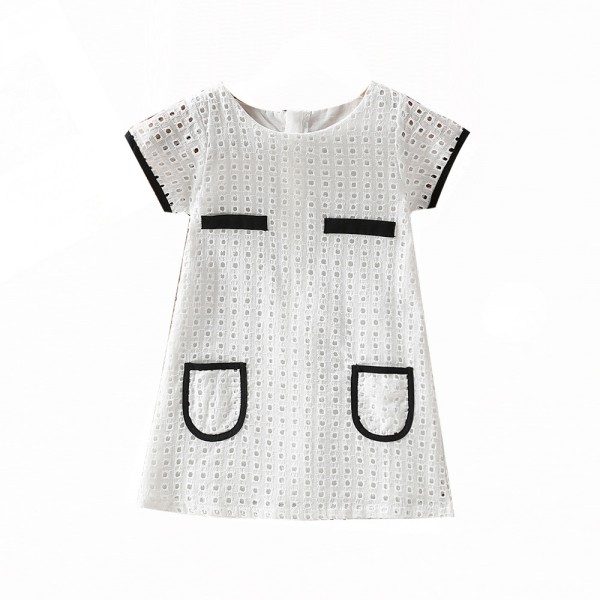 EW foreign trade children's wear 2021 summer new black and white round neck small fragrance hollow out dress q198