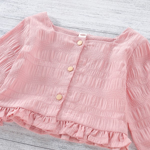 EW foreign trade children's wear 2021 summer new girls' Korean ear square neck waist slim long sleeve shirt sy14