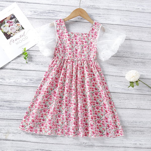 EW foreign trade children's 2021 summer new girls' floral screen sleeve dress wp76