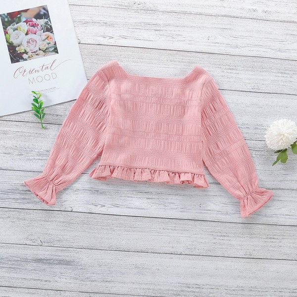 EW foreign trade children's wear 2021 summer new girls' Korean ear square neck waist slim long sleeve shirt sy14