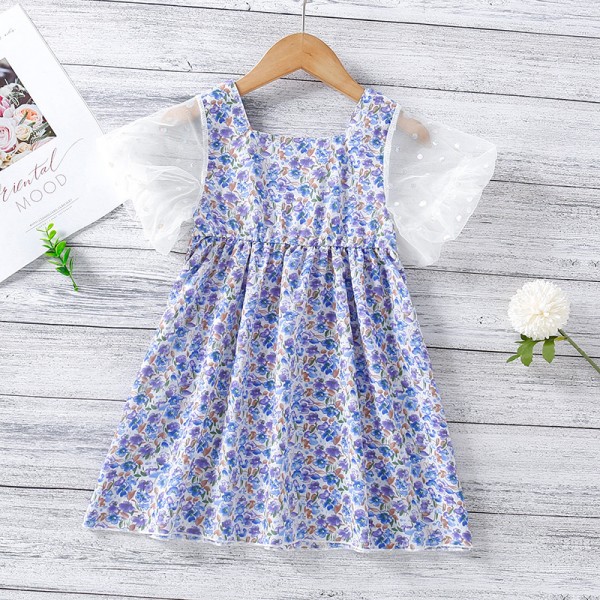 EW foreign trade children's 2021 summer new girls' floral screen sleeve dress wp76