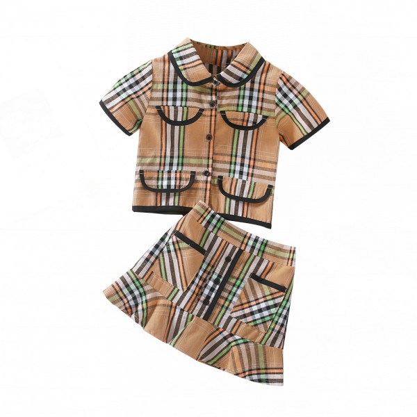 EW foreign trade children's wear girls' 2021 summer wear new college style Lapel Short Sleeve Top + high waist short skirt tz276