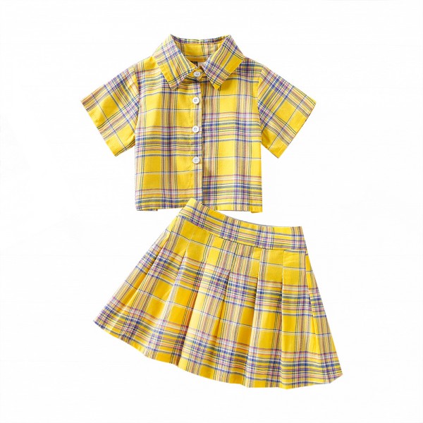 EW foreign trade children's wear girls' 2021 summer wear new college style Lapel Short Sleeve Top + high waist short skirt tz269