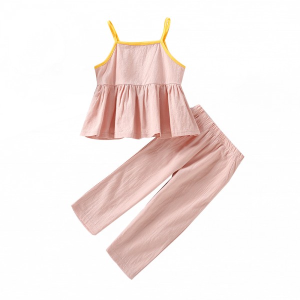EW foreign trade children's summer new suit 2021 girl's pure color Ruffle suspender Pants Set tz28