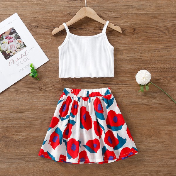 EW foreign trade children's wear 2021 summer new girls' wear suspender Top + big flower skirt tz275