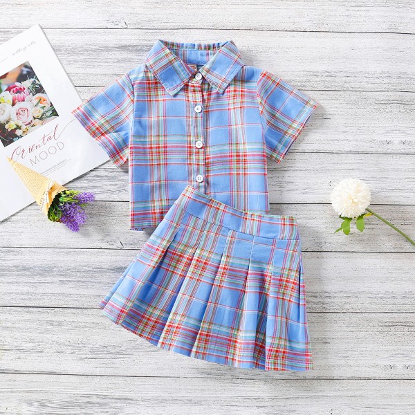 EW foreign trade children's wear girls' 2021 summer wear new college style Lapel Short Sleeve Top + high waist short skirt tz269