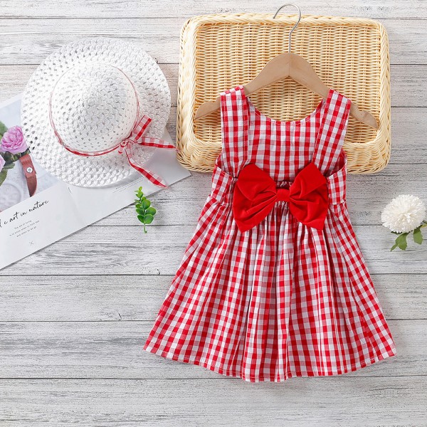 EW foreign trade children's summer wear 2021 new girl's bow Plaid Dress with hat cx49-5