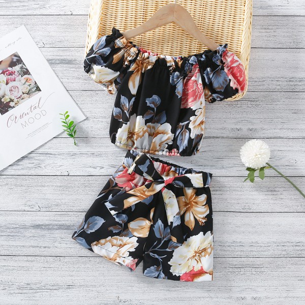 EW foreign trade children's wear 2021 summer new girls' printed Top + bow shorts two piece set tz277
