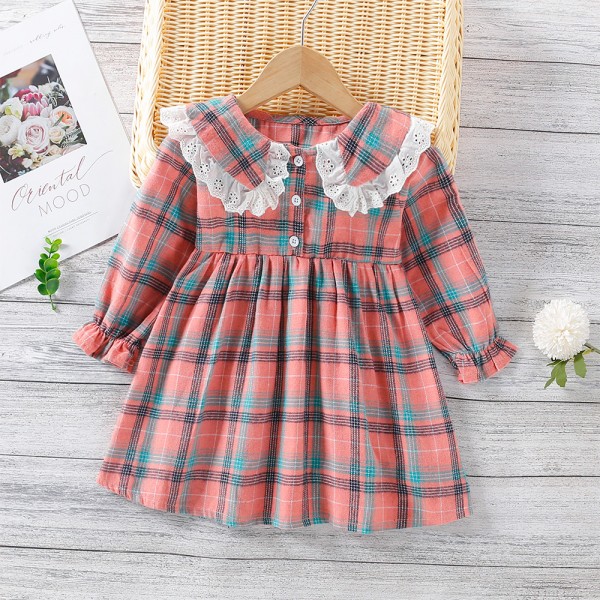 EW foreign trade children's wear 2021 autumn girl's Plaid long sleeve skirt autumn sweet pastoral dress 1991