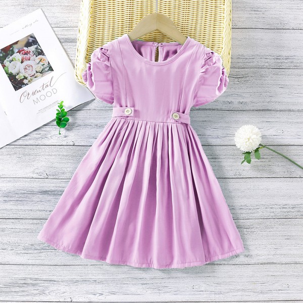 EW foreign trade children's wear 2021 summer new girls' French lace up waist closing thin bubble sleeve dress q611