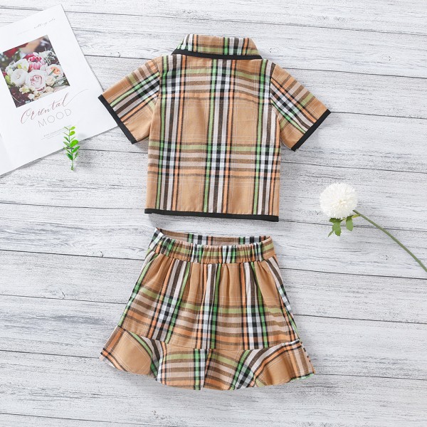 EW foreign trade children's wear girls' 2021 summer wear new college style Lapel Short Sleeve Top + high waist short skirt tz276