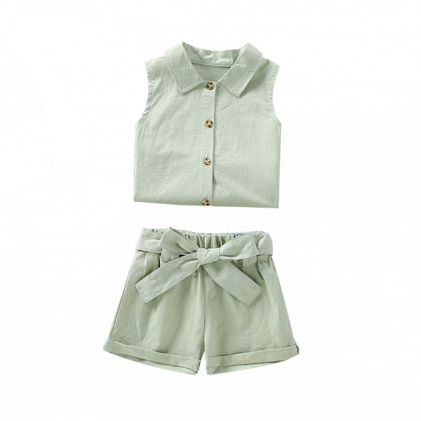 EW foreign trade children's wear 2021 summer new girls' Korean shirt collar sleeveless solid color shorts two piece set tz75
