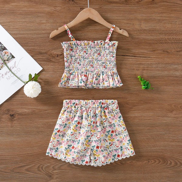 EW foreign trade children's wear 2021 summer wear new girls' fresh floral suspender Top + High Waist Shorts tz241