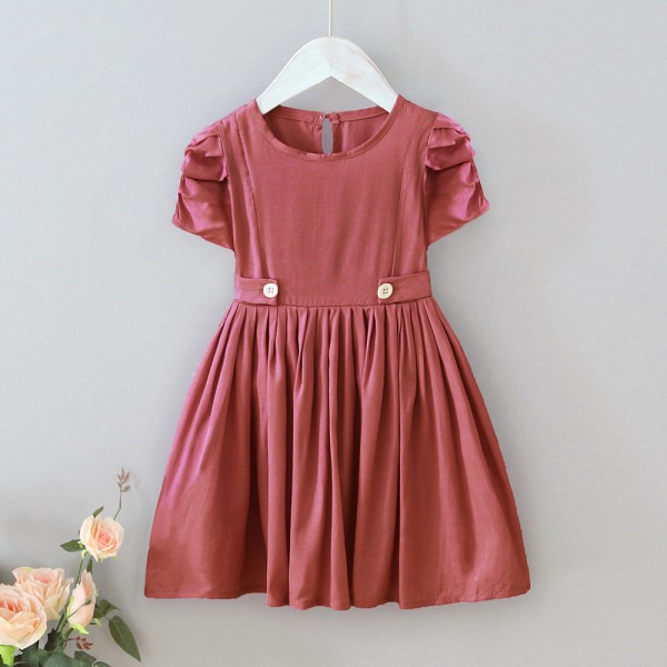 EW foreign trade children's wear 2021 summer new girls' French lace up waist closing thin bubble sleeve dress q611