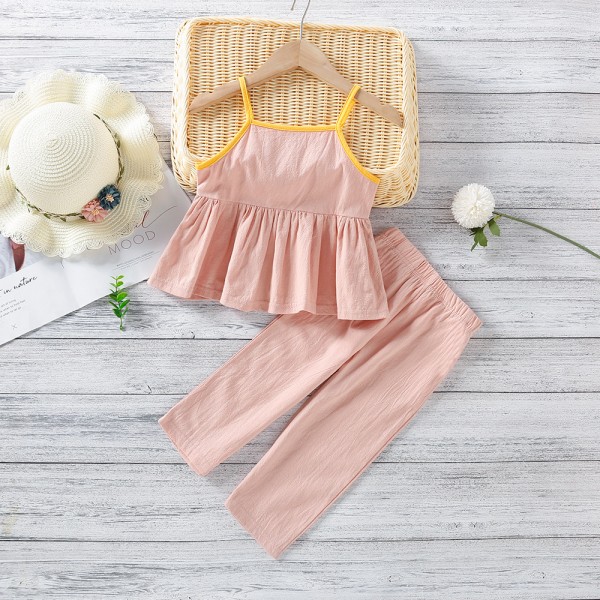 EW foreign trade children's summer new suit 2021 girl's pure color Ruffle suspender Pants Set tz28