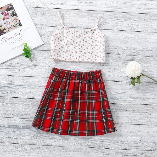 EW foreign trade children's clothing 2021 summer new girls lovely floral suspender Top + plaid skirt tz268