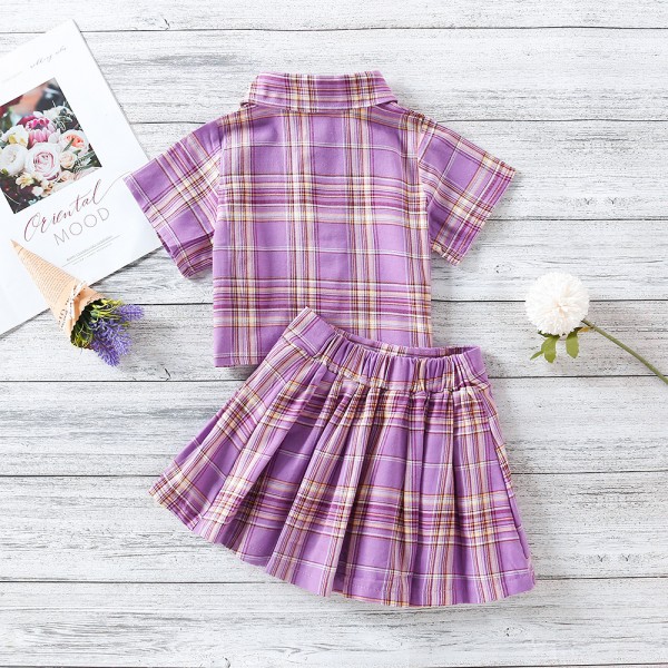 EW foreign trade children's wear girls' 2021 summer wear new college style Lapel Short Sleeve Top + high waist short skirt tz269-1