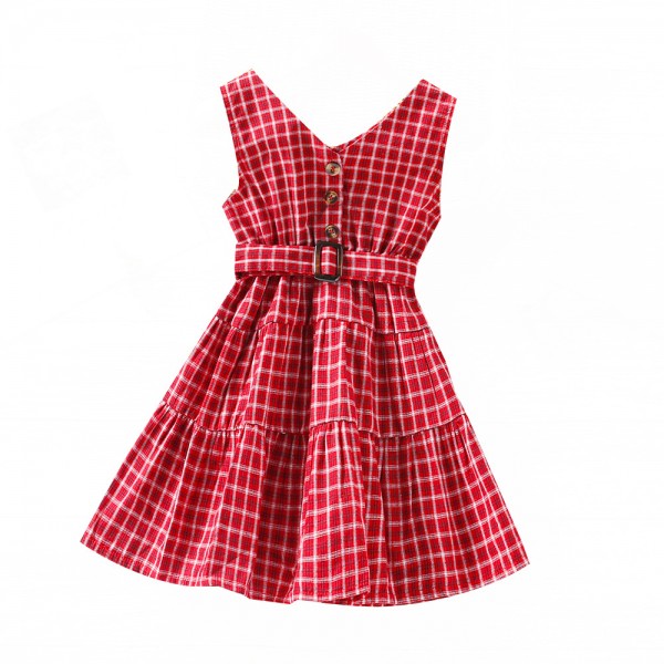 EW foreign trade children's clothing 2021 summer new girls' single breasted V-neck Plaid sleeveless vest dress q156