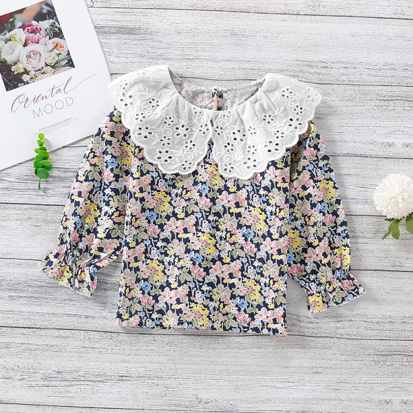 EW foreign trade children's wear 2021 spring and summer new Korean small fresh broken flower baby collar embroidery hollow out top sy11