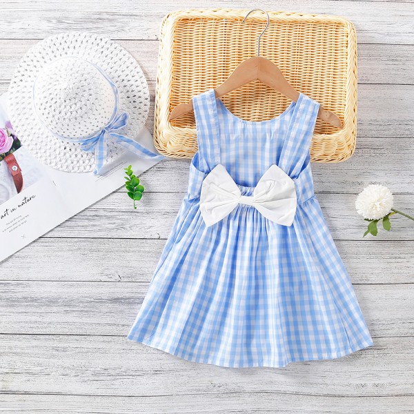 EW foreign trade children's summer wear 2021 new girl's bow Plaid Dress with hat cx49-5