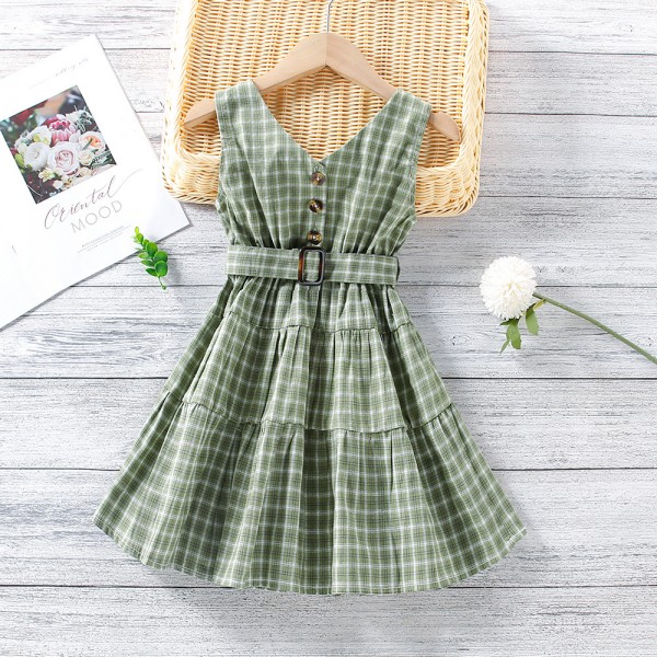 EW foreign trade children's clothing 2021 summer new girls' single breasted V-neck Plaid sleeveless vest dress q156