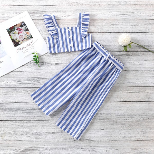 EW foreign trade children's 2021 summer new striped shoulder top + striped trousers two piece suit tz267