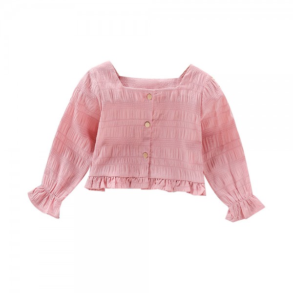 EW foreign trade children's wear 2021 summer new girls' Korean ear square neck waist slim long sleeve shirt sy14