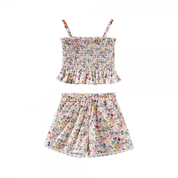 EW foreign trade children's wear 2021 summer wear new girls' fresh floral suspender Top + High Waist Shorts tz241