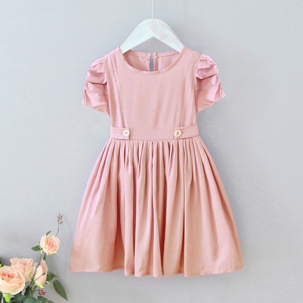 EW foreign trade children's wear 2021 summer new girls' French lace up waist closing thin bubble sleeve dress q611