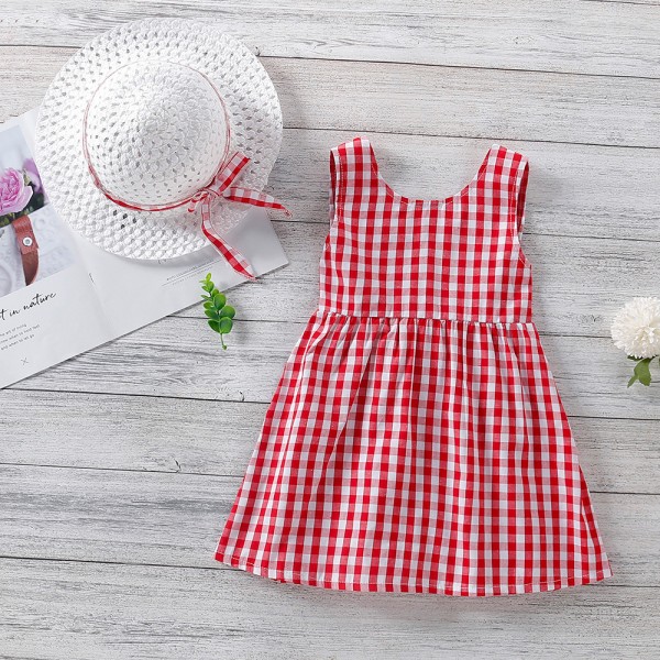 EW foreign trade children's summer wear 2021 new girl's bow Plaid Dress with hat cx49-5