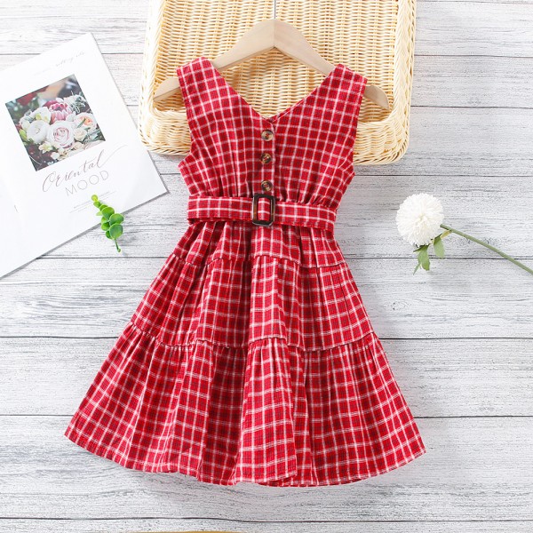 EW foreign trade children's clothing 2021 summer new girls' single breasted V-neck Plaid sleeveless vest dress q156