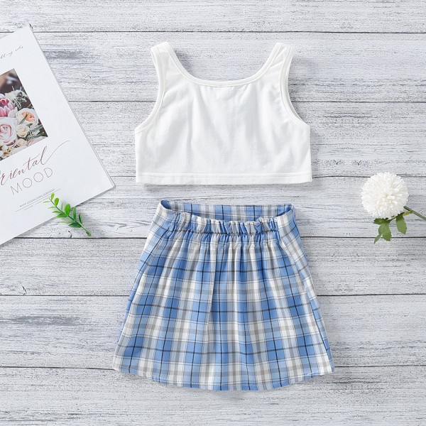 EW foreign trade children's clothing 2021 summer new girl butterfly print Vest Top + plaid skirt tz273