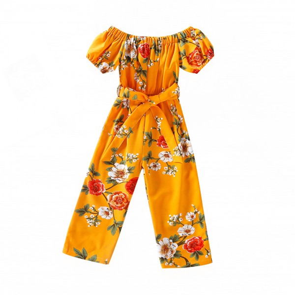 EW foreign trade children's wear 2021 summer wear new girl's European and American style printed off shoulder one piece wide leg pants k114