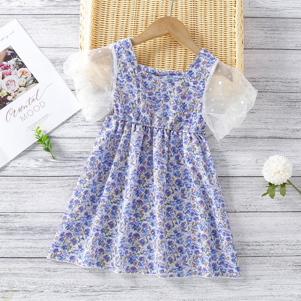 EW foreign trade children's 2021 summer new girls' floral screen sleeve dress wp76